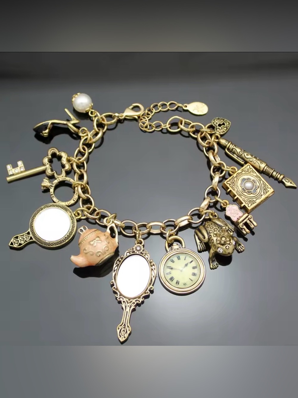 Gold Charm Bracelet with Watch and Tea Set Charms - Picture 6 of 6